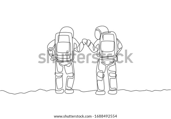 One continuous line drawing of two young\
happy astronauts giving fist bump gesture in moon surface, rear\
view. Space man deep space concept. Dynamic single line draw design\
vector graphic\
illustration