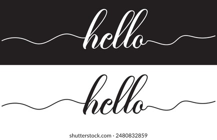 One continuous line drawing typography line art of hello word writing isolated on white and black background. EPS 10