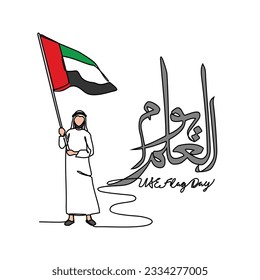 One continuous line drawing of UAE Flag Days with white background. Patriotic design in simple linear style. UAE flag day design concept vector illustration. Translation : Happy UAE flag day
