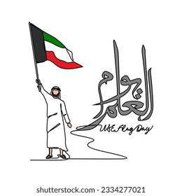 One continuous line drawing of UAE Flag Days with white background. Patriotic design in simple linear style. UAE flag day design concept vector illustration. Translation : Happy UAE flag day
