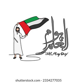 One continuous line drawing of UAE Flag Days with white background. Patriotic design in simple linear style. UAE flag day design concept vector illustration. Translation : Happy UAE flag day
