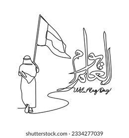 One continuous line drawing of UAE Flag Days with white background. Patriotic design in simple linear style. UAE flag day design concept vector illustration. Translation : Happy UAE flag day
