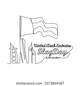 One continuous line drawing of UAE Flag Days on November 3rd. UAE Flag Days design in simple linear style illustration. Suitable for greeting card, poster and banner. Patriotic design concept.