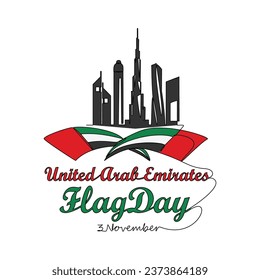 One continuous line drawing of UAE Flag Days on November 3rd. UAE Flag Days design in simple linear style illustration. Suitable for greeting card, poster and banner. Patriotic design concept.