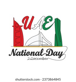 One continuous line drawing of UAE National Days on December 2nd. UAE National Days design in simple linear style illustration. Suitable for greeting card, poster and banner. Patriotic design concept.