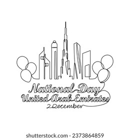 One continuous line drawing of UAE National Days on December 2nd. UAE National Days design in simple linear style illustration. Suitable for greeting card, poster and banner. Patriotic design concept.