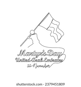 One continuous line drawing of UAE Martyrs Day on November 30th. UAE Martyrs Day design in simple linear style illustration. UAE Martyrs Day design suitable for greeting card, poster and banner.