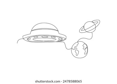 One continuous line drawing of UFO in outer space. Outer space and astronaut minimalist universe concept. Dynamic single line draw design vector graphic illustration