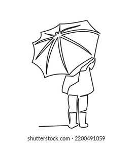 One continuous line drawing an umbrella from the rain under a girls in boot. Concept of the arrival of autumn, the beginning of the school year. Vector illustration of a girls in boot under umbrela.