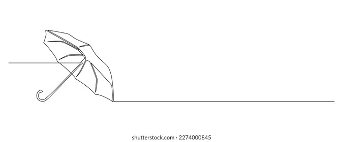 One continuous line drawing of umbrella. Rain and sun protection concept and weather parasol symbol in simple linear style for web banner with empty space. Editable stroke. Doodle vector illustration