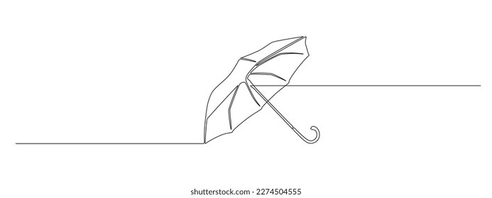 One continuous line drawing of umbrella. Rain and sun protection concept and weather parasol symbol in simple linear style for web banner and empty space. Editable stroke. Outline vector illustration