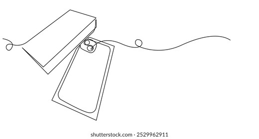 Un dibujo de línea continua de unboxing un nuevo teléfono celular. Un dibujo de línea de apertura de un nuevo teléfono celular para contenido. Línea minimalista de dispositivo de teléfono celular de ensueño. Ilustración vectorial de una sola línea