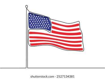 One continuous line drawing of the United States flag. Simplified linear design for independence and patriotism themes. Hand-drawn minimalistic illustration.