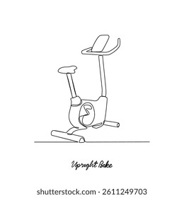 One continuous line drawing of a Upright Bike tools for gymnastics at fitness center vector illustration. Gymnastic tools type in simple linear style vector concept. Suitable for educational purpose.