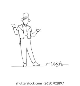 One continuous line drawing of USA signature themes design vector illustration. USA national clothes in simple linear style vector design concept. Good illustration for tourism and travel campaign.