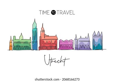 One continuous line drawing of Utrecht city skyline, Netherlands. Beautiful skyscraper. World landscape tourism travel vacation wall decor poster. Stylish single line draw design vector illustration