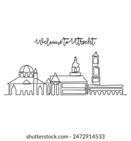 One continuous line drawing of Utrecht skyline vector illustration. Modern city in Europe in simple linear style vector design concept. One big city in Netherlands. Iconic architectural building.