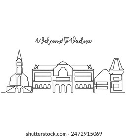One continuous line drawing of Vaduz skyline vector illustration. Modern city in Europe in simple linear style vector design concept. One big city in Liechtenstein. Icon architectural building design.
