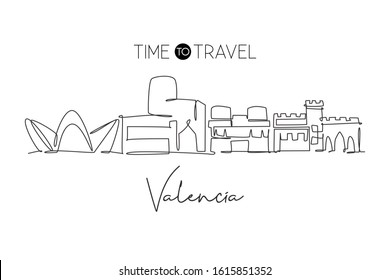 One continuous line drawing of Valencia city skyline Spain. Beautiful skyscraper postcard. World landscape tourism travel wall decor poster concept. Stylish single line draw design vector illustration