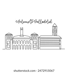 One continuous line drawing of Valladolid skyline vector illustration. Modern city in Europe in simple linear style vector design concept. One big city in Spain. Iconic architectural building design.