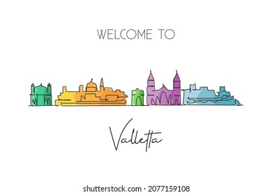 One continuous line drawing of Valletta city skyline, Malta. Beautiful landmark postcard. World landscape tourism travel vacation. Editable stylish stroke single line draw design vector illustration