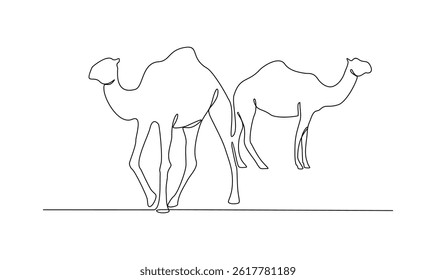 One continuous line drawing of various animal for sacrifice in the Eid Adha Mubarak vector illustration. Cow, sheep, camel and goat for celebration in the Islamic holiday in linear style concept.