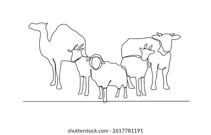 One continuous line drawing of various animal for sacrifice in the Eid Adha Mubarak vector illustration. Cow, sheep, camel and goat for celebration in the Islamic holiday in linear style concept.