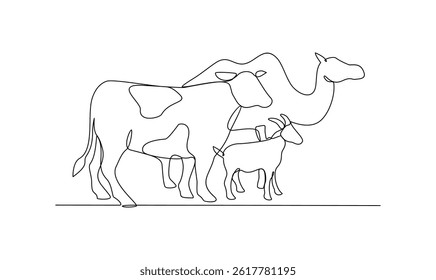 One continuous line drawing of various animal for sacrifice in the Eid Adha Mubarak vector illustration. Cow, sheep, camel and goat for celebration in the Islamic holiday in linear style concept.