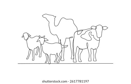 One continuous line drawing of various animal for sacrifice in the Eid Adha Mubarak vector illustration. Cow, sheep, camel and goat for celebration in the Islamic holiday in linear style concept.