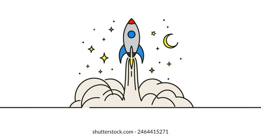 One continuous line drawing vector. Spacecraft flying up. concept rocket space ship launch.