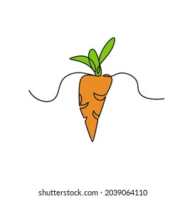 One continuous line drawing vegetables carrot, isolated on white background. Healthy eating concept. Vector illustration.