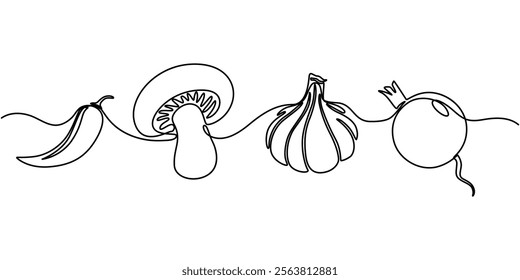 One Continuous Line Drawing of Vegetables Icon. Single Line Vector Illustration, Vegetables Line Icon, Outline Vector Symbol Illustration, Vegetable, Pumpkin, Tomato, Cucumber, Carrot, Broccoli, Onion