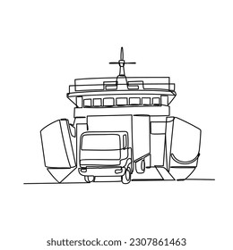 One continuous line drawing of vehicle enters to the ship. Sea vehicle in simple linear style. Transportation design concept vector illustration