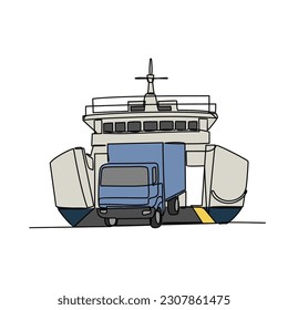 One continuous line drawing of vehicle enters to the ship. Sea vehicle in simple linear style. Transportation design concept vector illustration