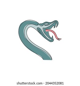 One continuous line drawing of venomous snake for reptile animal lover club logo. Deadly king cobra mascot concept for dangerous snake lover group icon. Single line draw design vector illustration