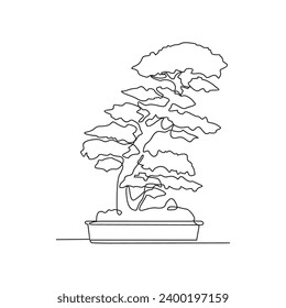 Eine durchgehende Zeichnung einer sehr schönen Bonsai-Pflanze vor dem Haus, Vektorgrafik. Bonsai Pflanzendesign illustriert einfaches lineares Vektorkonzept. Anlagendesign-Illustration