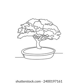 One continuous line drawing of a very nice bonsai plant in front of the house vector illustration. Bonsai plant design illustration simple linear style vector concept. plant design illustration