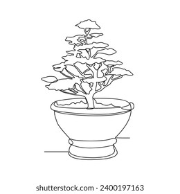 One continuous line drawing of a very nice bonsai plant in front of the house vector illustration. Bonsai plant design illustration simple linear style vector concept. plant design illustration