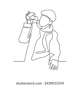 One continuous line drawing of a videographer is capturing activities to make a documentary film vector illustration. Videographer activity illustration in simple linear style vector design concept.