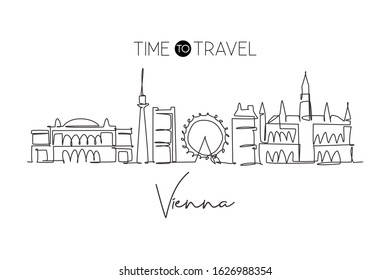 One continuous line drawing of Vienna city skyline, Austria. Beautiful landmark. World landscape tourism travel vacation poster. Editable stylish art stroke single line draw design vector illustration