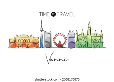 One continuous line drawing of Vienna city skyline, Austria. Beautiful landmark. World landscape tourism travel vacation poster. Editable stylish art stroke single line draw design vector illustration