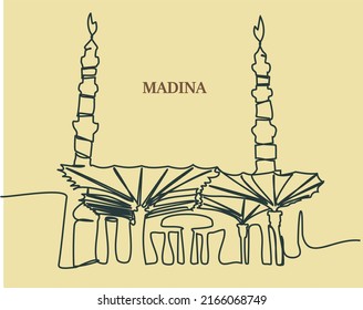 One continuous line drawing of a view of most beautiful electric umbrella or canopy and minaret at the Nabawi Mosque in Medinah - Medina, Saudi Arabia. Vector illustration of electric umbrella and mi