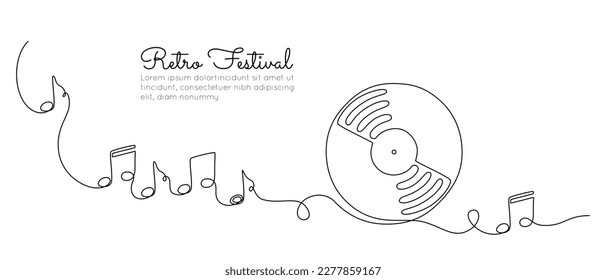 One continuous line drawing Vinyl LP record and notes  Vintage black disk   Retro sound album in simple linear style  Editable stroke  Doodle vector illustration