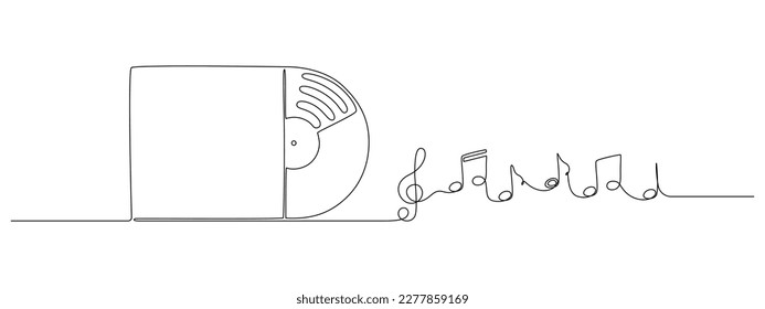 One continuous line drawing of Vinyl LP record. Vintage black disk and Retro sound album in simple linear style. Editable stroke. Doodle contour vector illustration