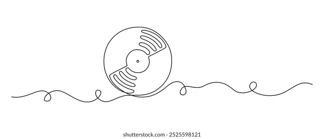 One continuous line drawing of Vinyl LP record with notes. Vintage black disk and Retro sound album in simple linear style. Editable stroke. Doodle vector illustration