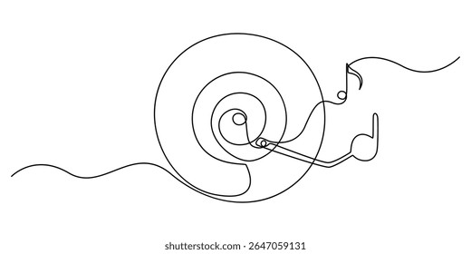 One continuous line drawing of Vinyl LP record with musical notes. Vintage black disk and Retro sound album in simple linear style, Vinyl Records With Music Note
