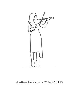 Un dibujo de línea continua de un violinista se presenta en el escenario frente a miles de espectadores ilustración de diseño de Vector. Temas musicales con concepto de diseño lineal simple de estilo de línea continua.