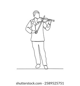 One continuous line drawing of Violinist is on duty vector design illustration. Violinist on stage design illustration simple linear style vector concept. Violinist illustration for your asset design.