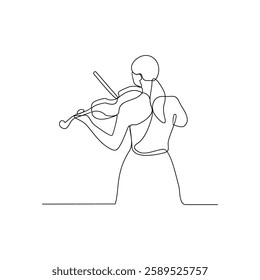 One continuous line drawing of Violinist is on duty vector design illustration. Violinist on stage design illustration simple linear style vector concept. Violinist illustration for your asset design.