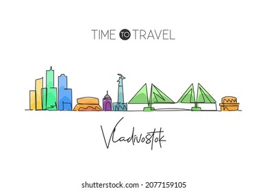 One continuous line drawing Vladivostok city skyline, Russia. Beautiful landmark home decor poster print. World landscape tourism travel vacation. Stylish single line draw design vector illustration